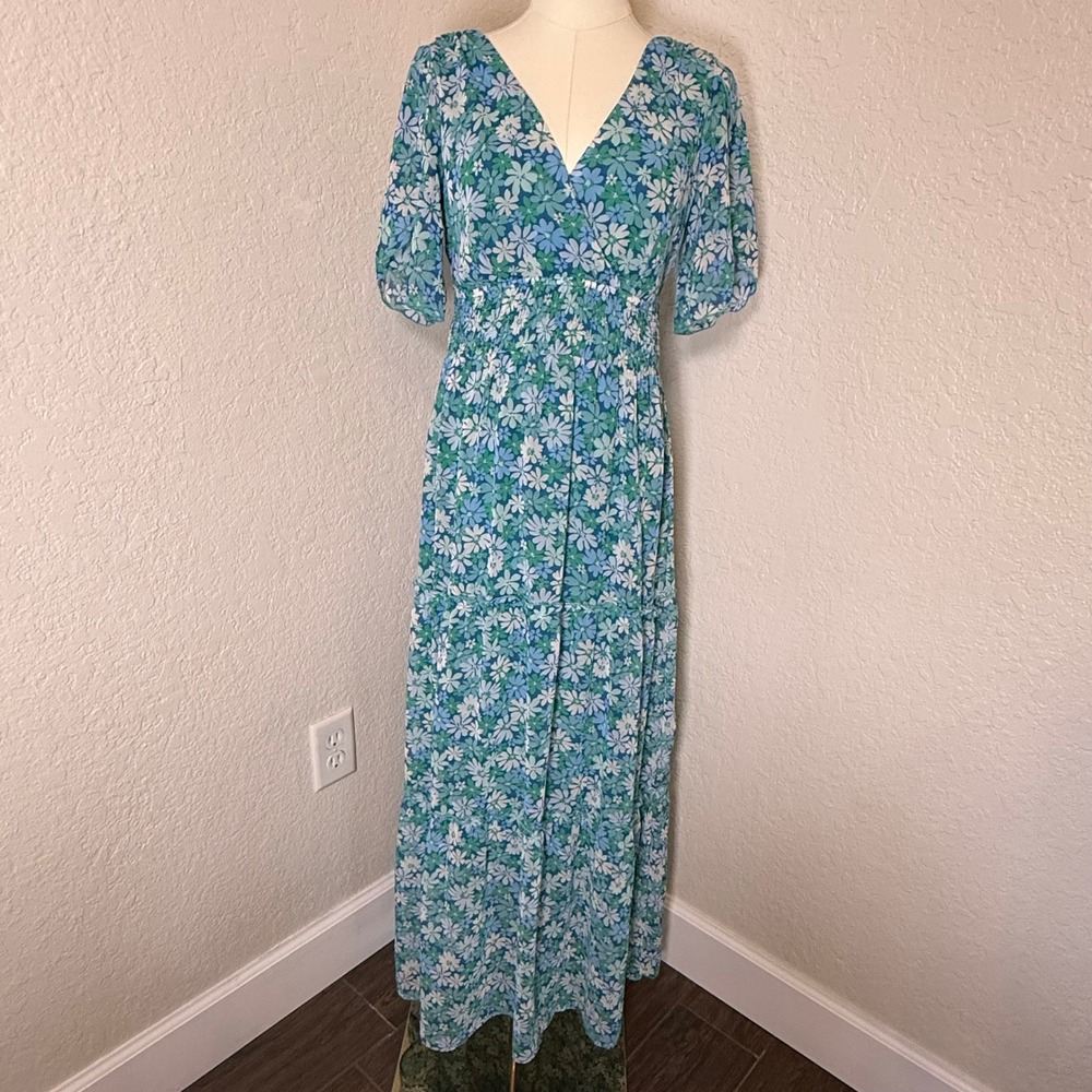 Floral Maxi Dress Blue‎ Green Smocked Tiered V-Neck Cottagecore Boho Garden